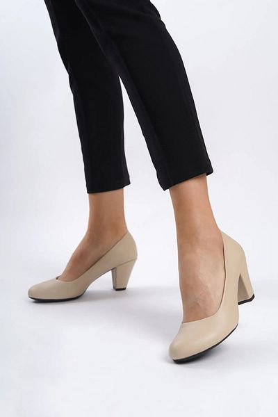 Deripabuc Genuine Leather Beige Women's Heeled Shoes TRC-1073