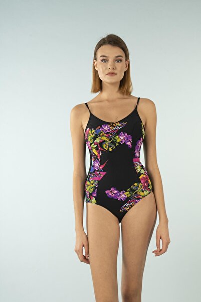 Estiva Patterned Thin Strap V-Neck Swimsuit - Black