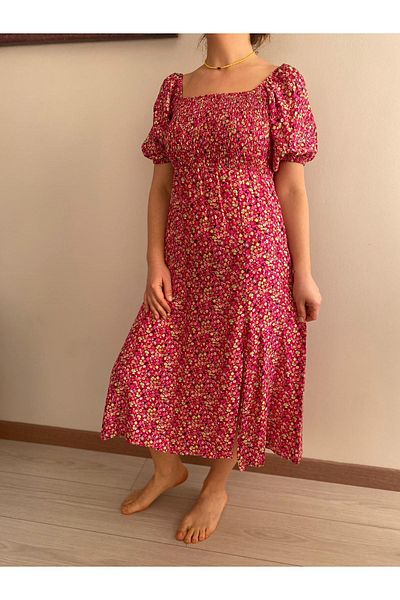 sharin Rochie 12A-2216, roz, cu mânecă scurtă, țesătură de vară, midi, cu fante guiped