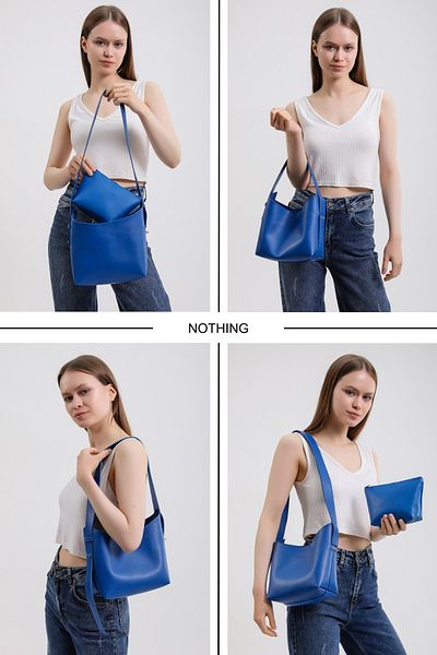 NOTHING Γυναικεία Saks Μπλε Δερμάτινη Τσάντα Μακιγιάζ 3 Σχεδίασης Τσάντα Χεριού, ώμου και χιαστί με ρυθμιζόμενο λουράκι