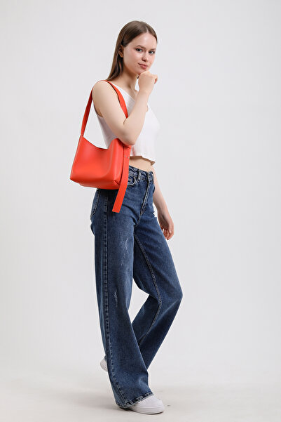 NOTHING Women's Orange Leather Makeup Bag 3 Stages Design Hand, Shoulder and Crossbody Bag with Adjustable Strap