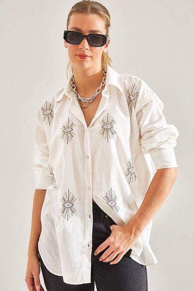 Bianco Lucci Modest Cămașă de in Eye Stone Sofia pentru femei60181016