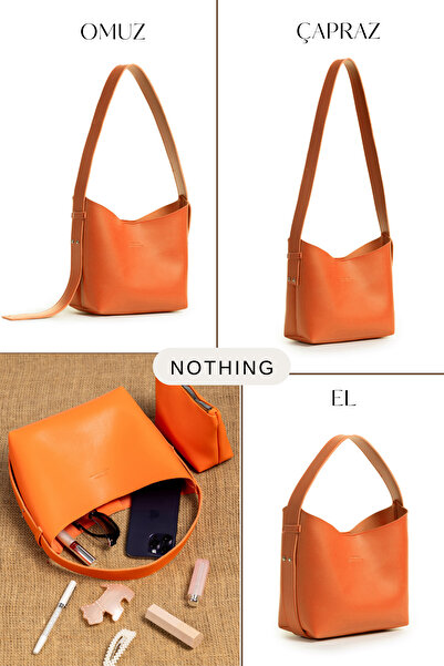 NOTHING Women's Orange Leather Makeup Bag 3 Stages Design Hand, Shoulder and Crossbody Bag with Adjustable Strap