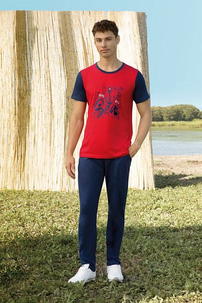 Doreanse Σετ Πιτζάμες Ανδρικό T-shirt με στάμπα κόκκινο Navy Blue 4813