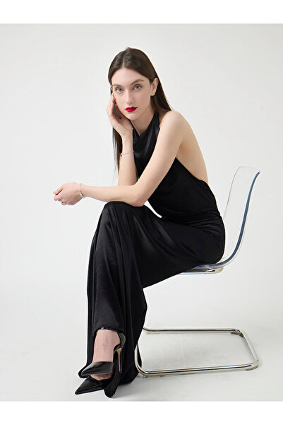 The Night Here Siyah Sırt Dekolteli Saten Elbise