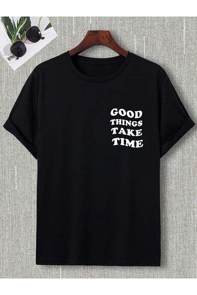 AFROGİYİM Unisex Good Things Take Time Μπλουζάκι με στάμπα μπροστά και πίσω