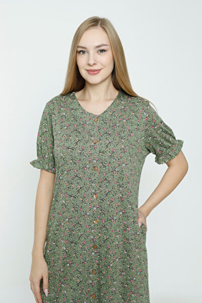 İntensive γυναικείο φλοράλ στάμπα μπροστινό βαμβακερό φόρεμα με λαιμόκοψη με κοντό μανίκι