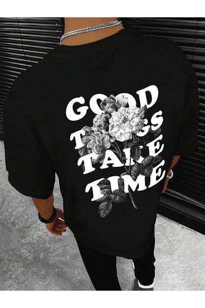 AFROGİYİM Unisex Good Things Take Time Μπλουζάκι με στάμπα μπροστά και πίσω