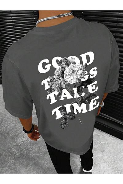 AFROGİYİM Unisex Good Things Take Time Μπλουζάκι με στάμπα μπροστά και πίσω