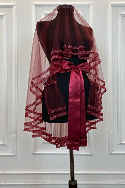 ZEYMERADE Bordo Gelin Duvak Seti, Çift Sıra Cam Boncuk ve İnci İşlemeli, Kına...