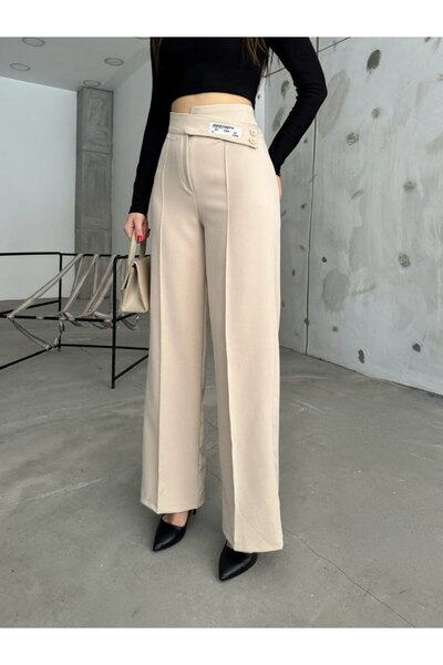 ubmbutik Women's Palazzo Trousers - Two Buttons with Cross Belt - Crest Detail Design Trousers