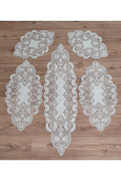 WENESSİ Anglez Kordon Yelpaze Desen Şantuk Keten Efektli Kumaş 5li Salon Takımı