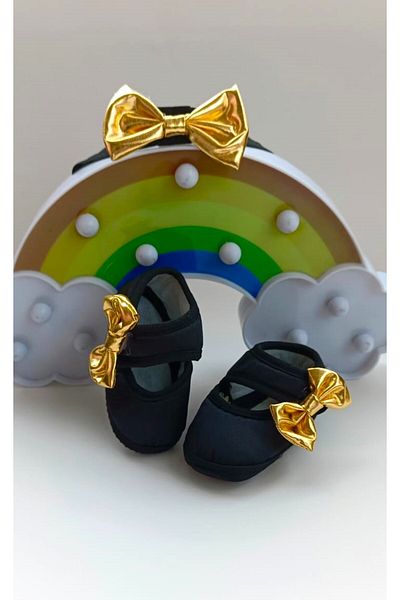 Bilge Trend Black Dore Bow Baby Girl Evening Dress - Booties Bandana Set