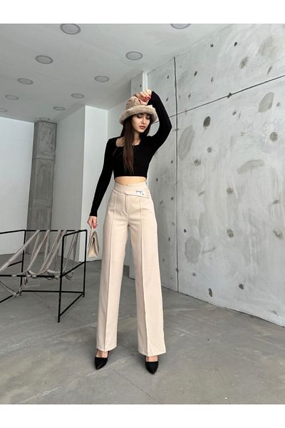 ubmbutik Women's Palazzo Trousers - Two Buttons with Cross Belt - Crest Detail Design Trousers