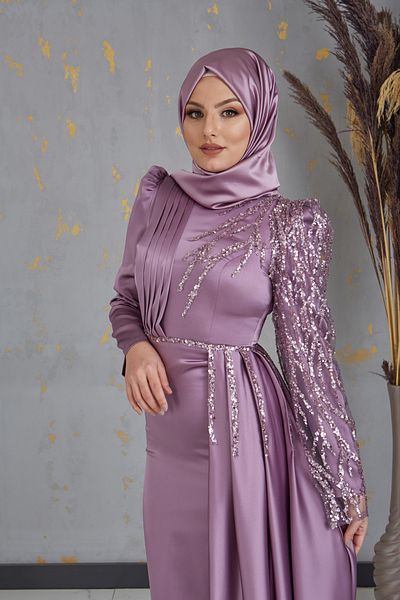 Halezademoda Satin Shoulder Embroidered Evening Dress Efila