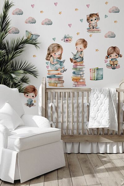 TUGİBU Children's Room Wall Sticker Set - Book Reading Themed