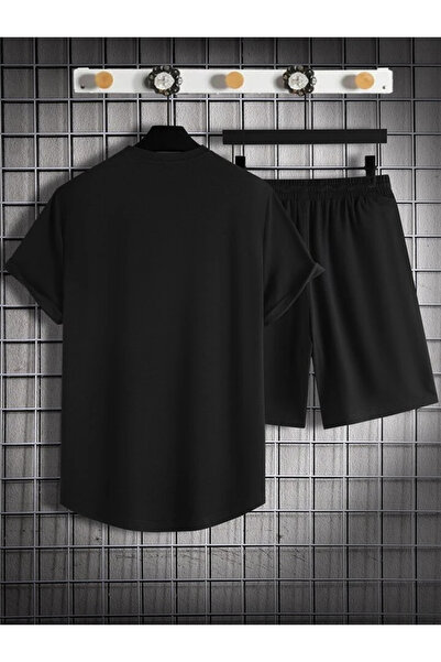 Hunors Sportswear & Company Unisex Baskılı Siyah Tişört - Siyah Şort Eşofman Takımı
