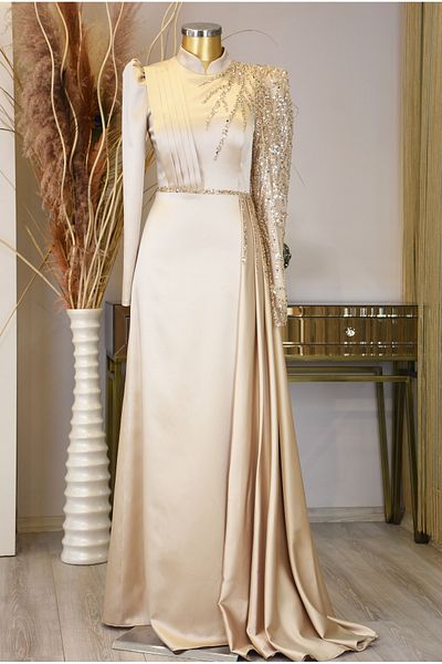 Halezademoda Satin Shoulder Embroidered Evening Dress Efila