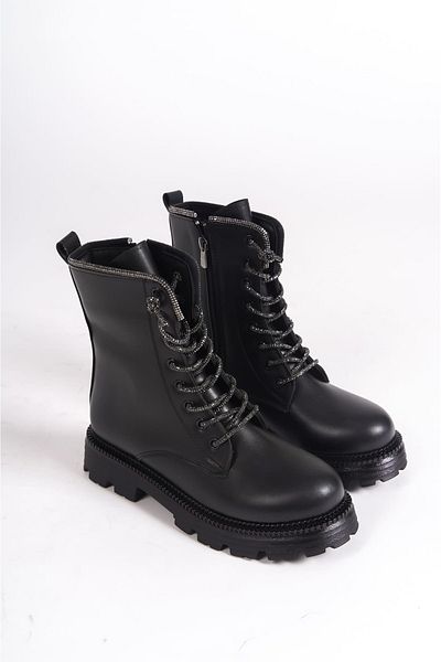 BZ Moda LUNA Lace Up με φερμουάρ Ορθοπεδική σόλα Αδιάβροχη και Ψυχρή Πέτρα Γυναικείες Μπότες ST Μαύρο