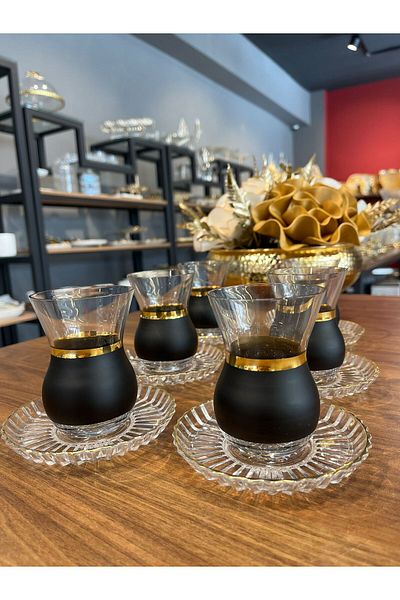 Paşabahçe PANDORAN'S BOX PAŞABAHÇE CRYSTAL SPECIAL PRODUCTION GIFT BLACK LINE WHITE TEA CUP SET