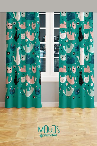 Moud's Green Cats Patterned Background Curtain Children's and Baby's Room Suede Printed Extrafor Drawstring 2 Wings PRD-54
