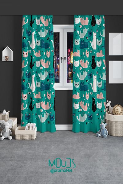 Moud's Green Cats Patterned Background Curtain Children's and Baby's Room Suede Printed Extrafor Drawstring 2 Wings PRD-54