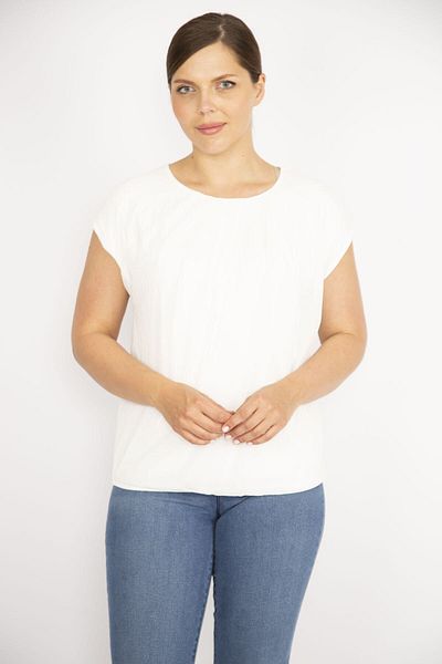 Şans Women's Bone Plus Size Front Lined Tulle Collar Pleated Blouse 65n36668