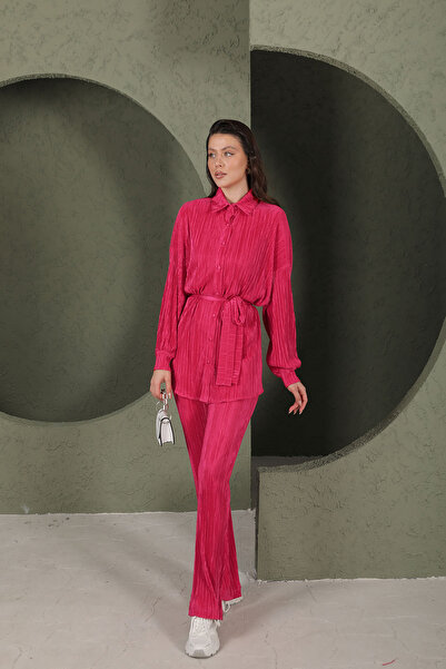 Melike Tatar طقم قميص مطوي باللون الفوشيا 3-3104
