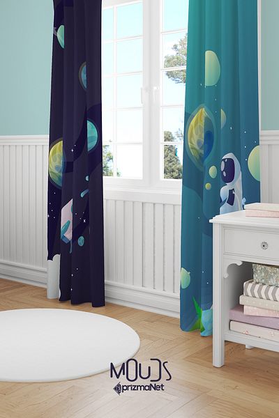 Moud's Navy Blue Space Patterned Background Curtain Children's and Baby's Room Suede Printed Extrafor Drawstring 2 Sash PRD-58