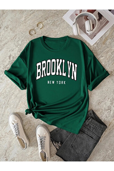 npLStore Zeleni Bruklin Njujork Beli Štampano Oversize kroj Unisex Pamuk koma...