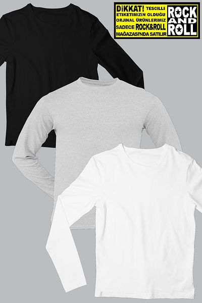 ROCKANDROLL Plain White-Grey-Black Long Sleeve Crew Neck Women's Combed Cotton T-shirt 3 Pack Eco Pack