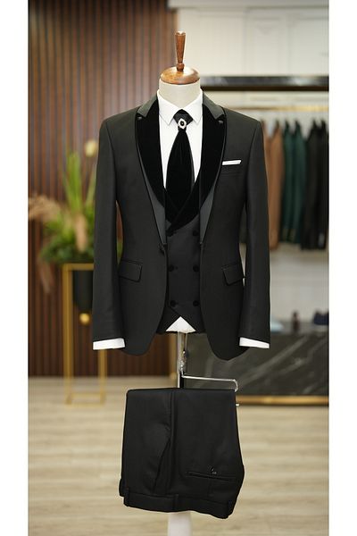 LONATOLİA Men's Slim Fit Italian Style Groom Suit Tuxedo Jacket Vest Pants Bow Tie-Black
