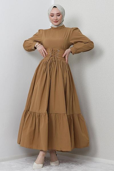 GİZ AGİYİM Λεπτομέρεια μέσης Φόρεμα Hijab Sütlükkahve