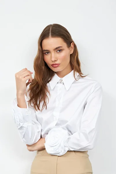 NOK İSTANBUL Floral Sleeves 100% Cotton Long Sleeve Shirt White