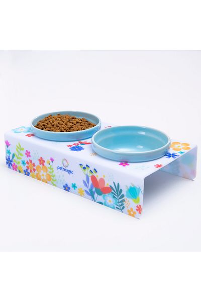 Pet Magic Petmagic Acrylic Plexi Pet Blue Ceramic Bowl Cat and Dog Food Water Bowl-White Spring