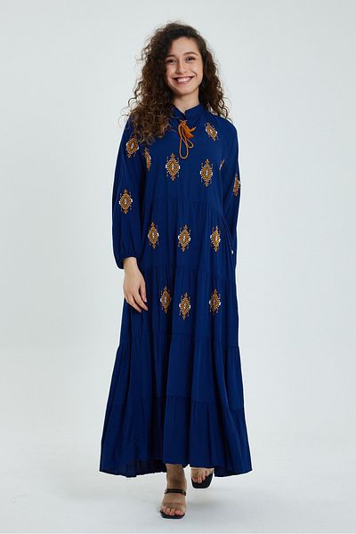AYASOFYA OTANTIK Rochie lungă etnică autentică, albastru bleumarin, cu guler cu plăcuțe, broderie etnică, cu mânecă lungă