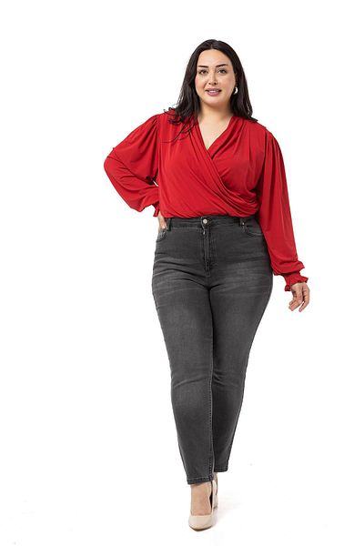 DISENTIS MODEST Plus Size Double Breasted Sleeve Red Blouse with Rubber Gipe Detail and Snap Fasteners