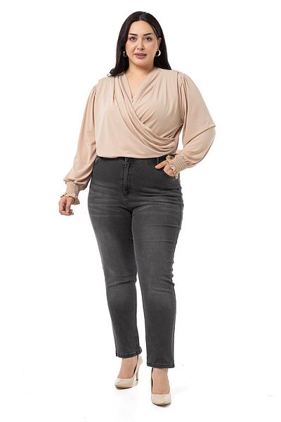 DISENTIS MODEST Plus Size Double-breasted Sleeve Beige Blouse with Rubber Gipe Detail and Snap Fasteners