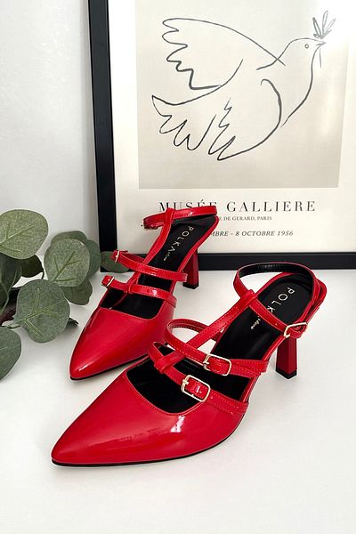 POLKA STORE Choice Stripe Detailed Removable Band Apparatus Patent Leather Red Pointed Toe Heeled Women's Shoes