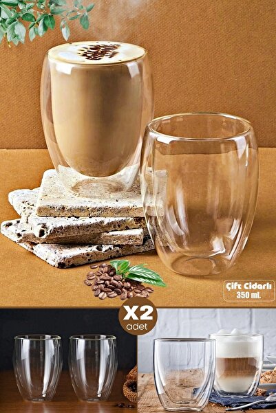 Madamev 2li Çift Cidarlı Cam Bardak 350 ml Çay Fincanı Kahve Sunum Bardağı Is...