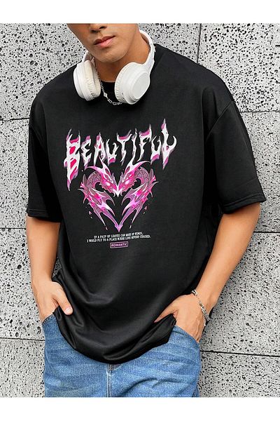 Jose Clothing Μαύρο εμπριμέ από οργανικό βαμβάκι Unisex Oversize T-shirt - Κοντό μανίκι