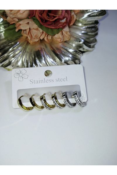 MİRAKSESUAR ZIRCON STONE GOLD SILVER MULTI STEEL RING EARRING