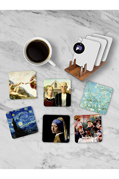 Postermanya مجموعة قواعد الأكواب الخشبية مع حامل الأعمال الفنية الشهيرة، 6 قط...