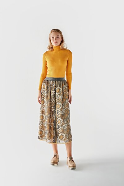 R4 Evita Etek Gri Pastoral Desen Tül Kumaş