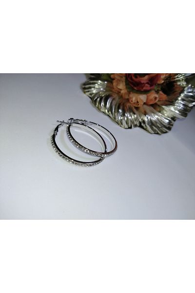 MİRAKSESUAR Silver Color Steel Hoop Earrings with Zircon Stones