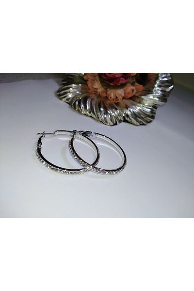MİRAKSESUAR Silver Color Steel Hoop Earrings with Zircon Stones