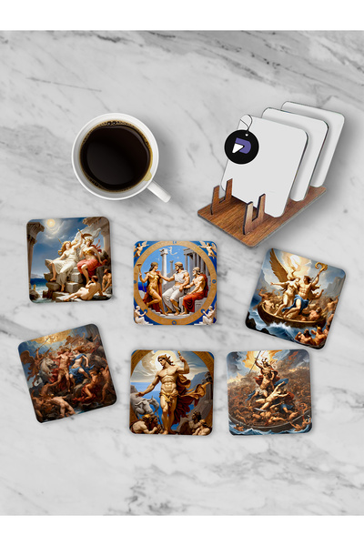 Postermanya مجموعة قواعد الأكواب الخشبية مع حامل الأساطير اليونانية القديمة، ...
