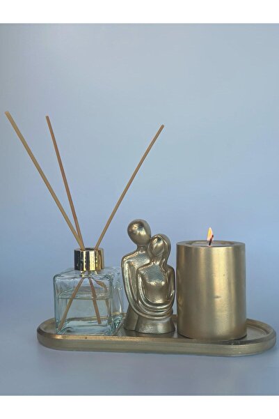 Görke Tasarım Altın Rengi Dekoratif Sarılan Çift, Mum, Çubuklu Oda Kokusu, Su...