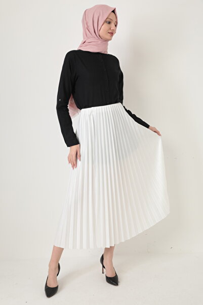 Transacoustic Λευκή μακριά χιτζάμπ φούστα - Λεπτή πιέτα και κρυφή ελαστική μέση