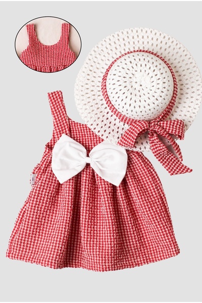 Chicsy Baby Şapkalı Pötikare Desenli Fiyonklu Esnek Kız Bebek Elbisesi